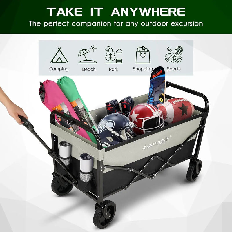 Large Collapsible Wagon Foldable for Grocery, Beach, Park, Yard, 34 x 18 Inch Inner Storage. Folding Utility Shopping Cart on Wheels. Heavy Duty, Durable w/Cupholders (Black-Gray) by GreenHaven Gardens