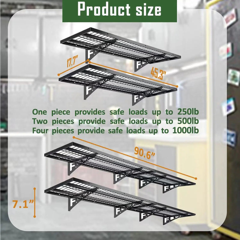 4 Pack Garage Wall Shelving, Heavy Duty 1.5' x 3.8' Wall Mount Storage Shelf with Hooks, Garage Storage Rack Floating Shelves, Holds 250 lbs Each by GreenHaven Gardens