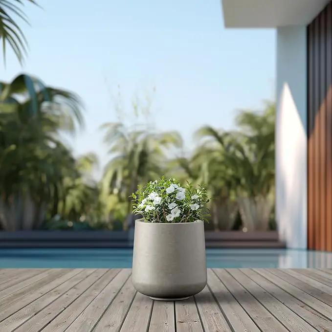 Kante 11.6" Dia Round Concrete Planter, Outdoor Indoor Large Plant Pots Containers with Drainage Hole and Rubber Plug for Home Garden Patio, Buff Concrete by GreenHaven Gardens