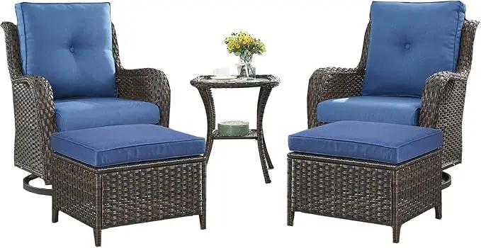 Outdoor Wicker Patio Furniture Set - 5 Pieces Rattan Patio Conversation Set with 2 Rocking Swivel Chairs,2 Ottomans and 1 Side Table for Porch Deck Backyard Garden(Brown/Blue) by GreenHaven Gardens