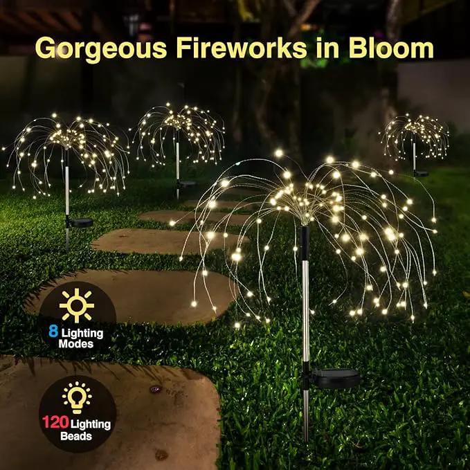 Firework Solar Garden Lights 4 Pack, 120 LED Solar Firework Lights with 8 Lighting Modes, Waterproof Sparkler Starburst Solar Lights Outdoor for Yard Porch Patio Backyard, Warm by GreenHaven Gardens