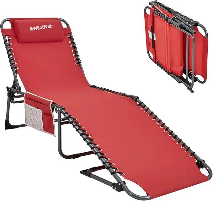 #WEJOY Outdoor Folding Chaise Lounge Chair for Outside, Patio, Beach, Poolside, Sunbathing, Adjustable 5-Position Reclining Chairs, Heavy Duty Camping Cot with Shoulder Strap and Pillow, Red by GreenHaven Gardens