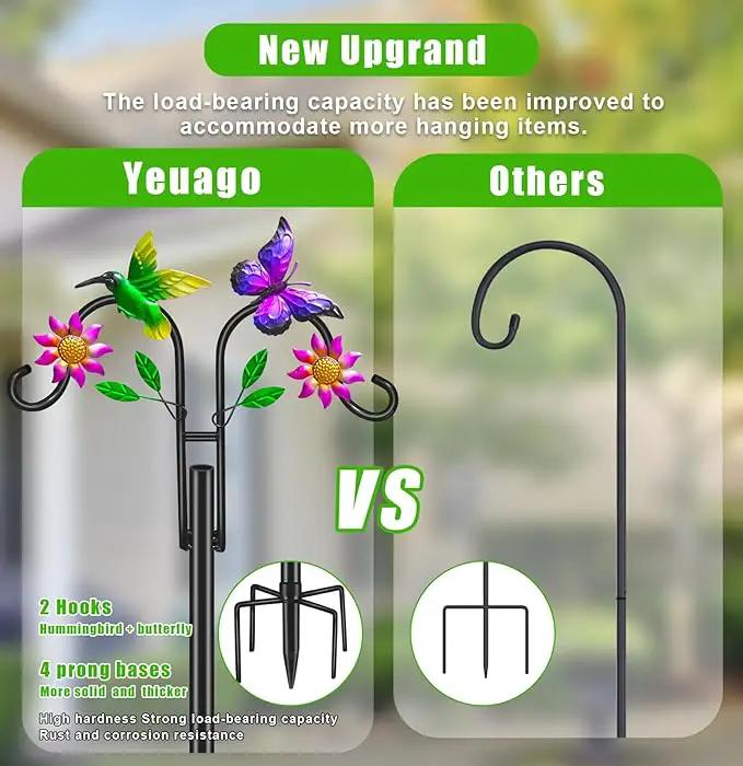 Double Shepherds Hooks for Outdoor, 78 Inch Artistic Hummingbird & Flower Design, 5 - Prong Base, Ideal for Bird Feeders, Baskets & Lanterns (2 Pack) by GreenHaven Gardens
