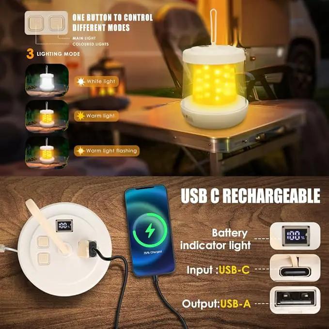 UniqueFire Portable 2 in 1 Camping Lantern，Camping String Lights Outdoor，Rechargeable LED Tent Lantern with Warm String Lights for Camping, Party, Garden and Yard Outdoor Decoration by GreenHaven Gardens