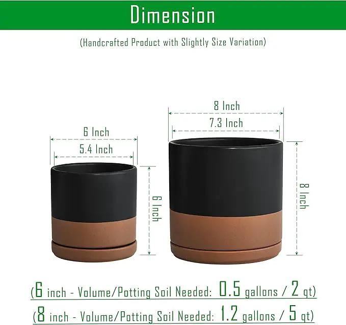 D'vine Dev 6 Inch & 8 Inch Ceramic Planter Pots for Plants with Drainage Hole and Saucer, Medium Plant Pots Set, Black/Speckled Tan, 94-G-M-7 by GreenHaven Gardens