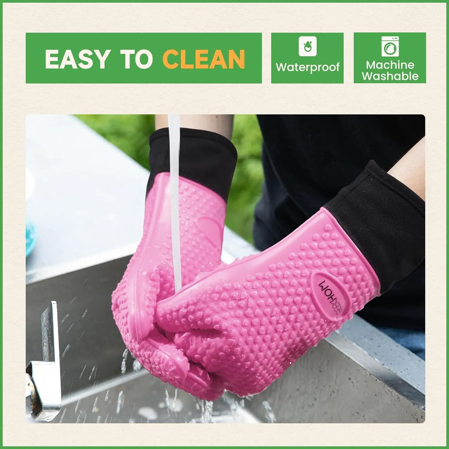 GEEKHOM BBQ Gloves Heat Resistant Oven Mitts - Silicone Grilling Gloves with 13.7" Arm Protection - Waterproof Pot Holder Non-Slip for Men & Women, Kitchen Outdoor Cooking, Baking, Camping, Pink by GreenHaven Gardens