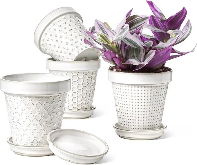LE TAUCI Ceramic Plant Pots, 4.9 Inch Flower Pots with Drainage Hole & Saucer, Embossed Planter Pots for Indoor Plant Succulent, Orchid, Cactus, Home Decor - Set of 4, Arctic White by GreenHaven Gardens
