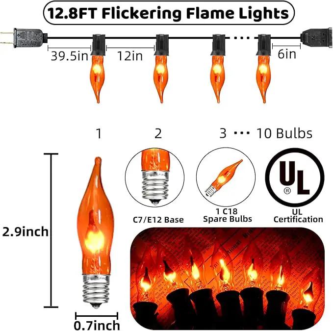Halloween Lights Flickering Flame String Lights with 12 Pack C7 Orange Flame Light Bulbs (2 Spare), 12.8Ft Orange Flame String Lights for Indoor Outdoor Home Party Yard Halloween Decorations by GreenHaven Gardens