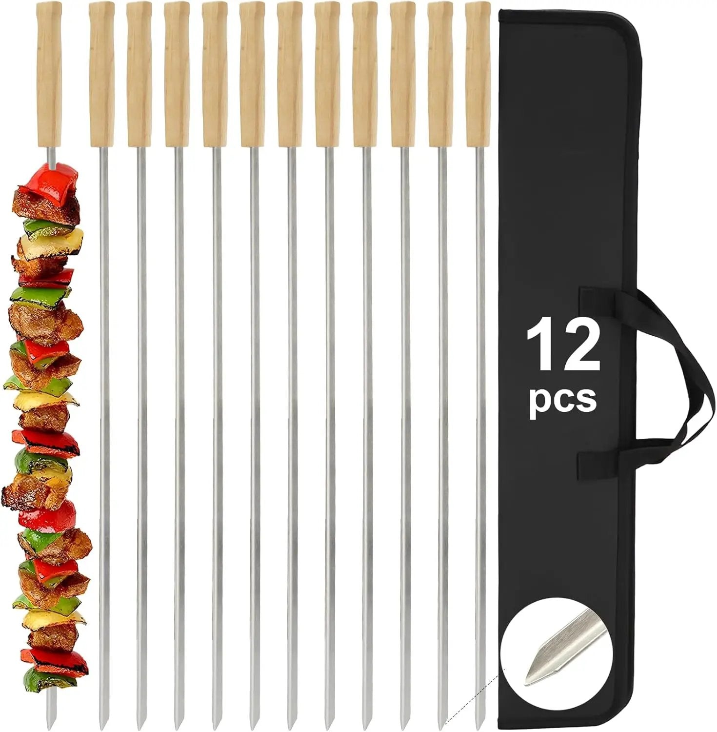 SHIKORI Kabob Skewers,BBQ Barbecue Skewers,Stainless Steel Sticks,24 Inch Heavy Duty Large Wide Reusable,with Nonslip Wooden-12 Pcs by GreenHaven Gardens