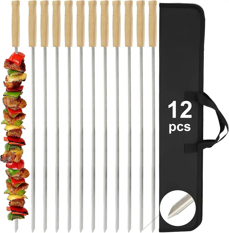SHIKORI Kabob Skewers,BBQ Barbecue Skewers,Stainless Steel Sticks,24 Inch Heavy Duty Large Wide Reusable,with Nonslip Wooden-12 Pcs by GreenHaven Gardens