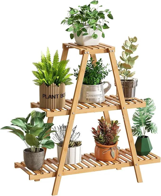 Plant Stand Indoor Plant Shelf Outdoor bamboo Plant Rack, 3 Tiers Ladder Plant Holder Flower Stand for Living Room Balcony Garden Patio,Living Room Boho Home Decor for Gardening Gifts (Natural) by GreenHaven Gardens