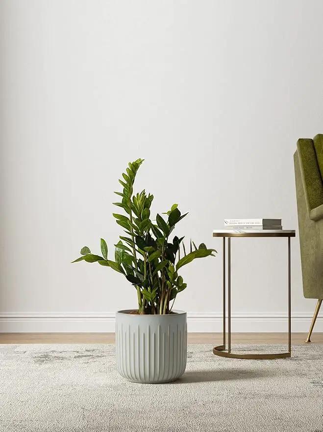 LE TAUCI Fluted Ceramic Planters Set of 3 – 8.3/7 / 5.7 in Blue Gray Reactive Cylinder Indoor Plant Pots with Drainage Plug & Mesh, Glossy Stoneware Flower Pots for Succulents Herbs by GreenHaven Gardens