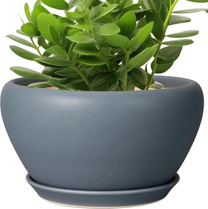 Ceramic Plant Pot - 11 Inch Planter for Indoor Plants Large Plant Pot with Drainage Hole and Saucer Round Outdoor Planter Modern Flower Pot for Home Decor Gray by GreenHaven Gardens