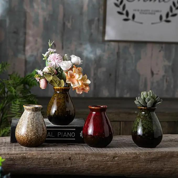 JOJUNO Glazed Rustic Bud Vase Set of 4 - Small Ceramic Mini Pottery Vases in White, Yellow, Green, Red - Ideal for Fresh & Dried Flowers - Modern Farmhouse Décor for Living Room, Shelves, Dining Table by GreenHaven Gardens