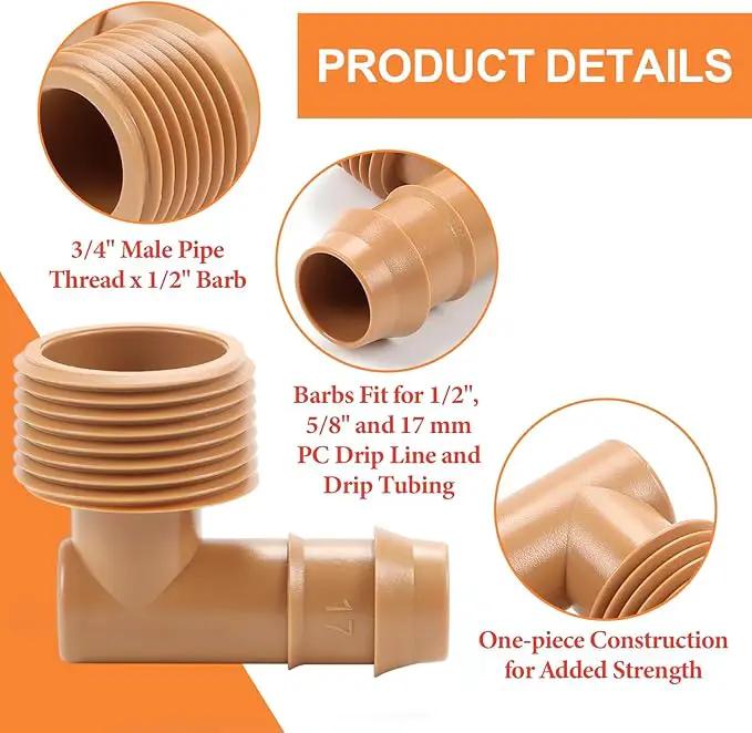 12 Pieces 3/4 Inch PVC to 1/2 Inch Drip Irrigation Adapter Fittings, 3/4" Male Pipe Thread(MPT) x 1/2" Drip Line Barbed Elbow Connectors 3/4-in PVC to 1/2-in Poly Tubing Adapter by GreenHaven Gardens