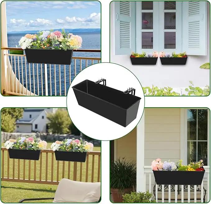 Railing Planter for Outdoor Plants 16 Inch Metal Rectangular Window Boxes with Adjustable Brackets and Drainage Hanging Flower Pots for Balcony Deck Railings Apartment Patio Decor Black(4PCS) by GreenHaven Gardens