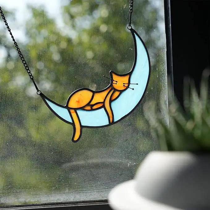 BOXCASA Sleeping Cat Stained Glass Windown Hanging,Orange Cat on Moon Beautiful Handcrafted Sun Catcher Gifts for Daughter,Mothers Day,Christmas and Cat Lover by GreenHaven Gardens