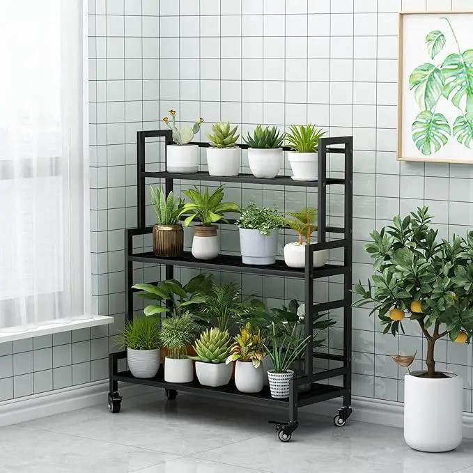 YIZAJIA Plant Stand Indoor 3 Tier Metal Outdoor Tiered Stands Shelf With wheel for Multiple Plants Potted Ladder Plant Holder Table Plant Pot Stand for Window Garden Balcony Living Room (3 Tier-Black) by GreenHaven Gardens