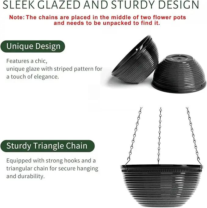 2 Pack Hanging Planters for Indoor Outdoor Plants, 10 Inch Hanging Planter with Drainage Hole & Plug Glazed Hanging Baskets Flower Pots for Garden Home (Black) by GreenHaven Gardens