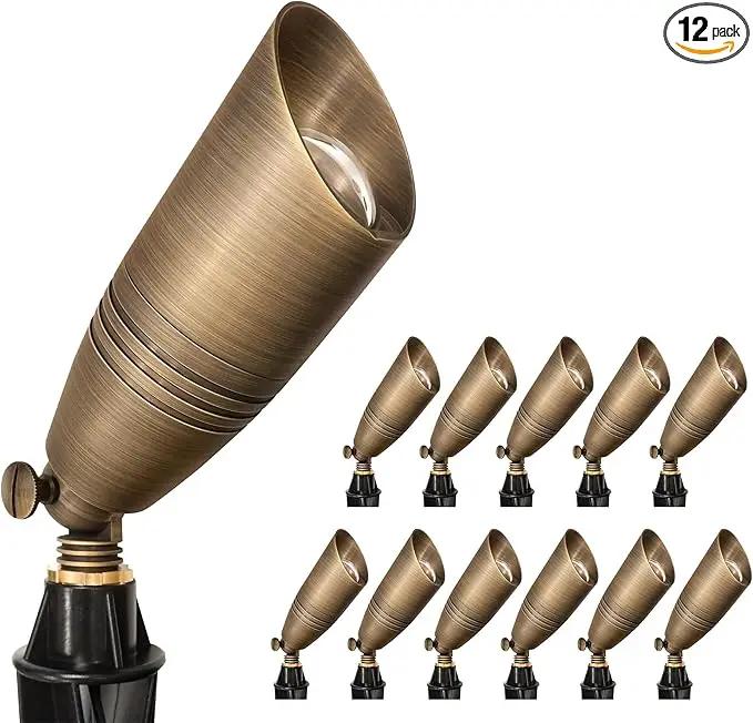 GKOLED 12-Pack Solid Brass Landscape Spotlight, 12V AC/DC Low Voltage Landscape Lights, Outdoor Directional LED Uplight Waterproof Fixture with ABS Ground Spike, Garden Spot Up Light Without Bulb by GreenHaven Gardens