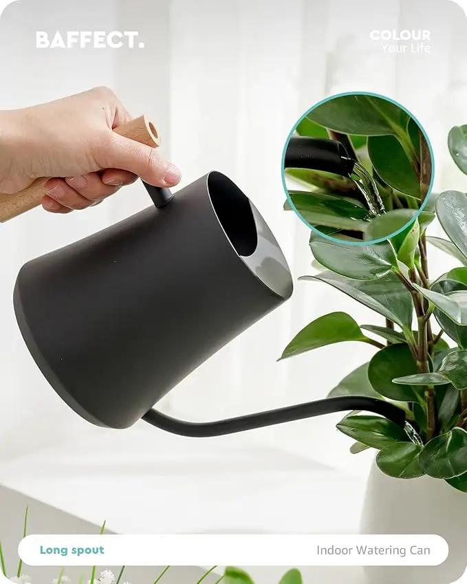 Baffect Indoor Watering Can, 1L/34OZ Metal Houseplant Watering Can with Wooden Handle, Curved Design Watering Can with Long Spout for Small Potted Plants (Black) by GreenHaven Gardens