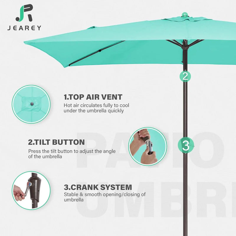 JEAREY 6.5x10 ft Rectangular Patio Umbrellas Outdoor Market Umbrella with Push Button Tilt and Crank, Rectangle Table Umbrella 6 Sturdy Ribs UV Protection for Pool Garden Backyard Deck, Aqua Sky by GreenHaven Gardens