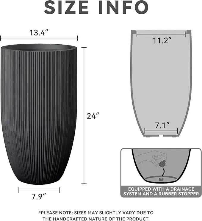 Kante 24 Inch Tall Round Concrete Planter, Large Indoor Outdoor Plant Pots with Drainage Hole and Rubber Plug, Modern Decorative Garden Pots for Home Patio Porch, Textured Black by GreenHaven Gardens