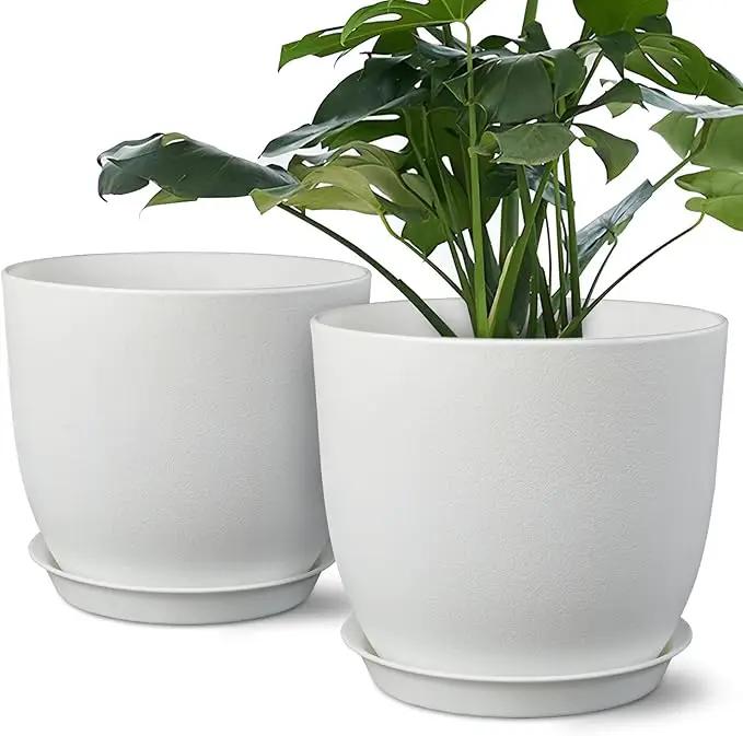 Plant Pots 8 Inch Set of 2, Flower Pots with Multi Mesh Drainage Holes, Planters for Indoor Outdoor Garden Plants and Flowers (White) by GreenHaven Gardens