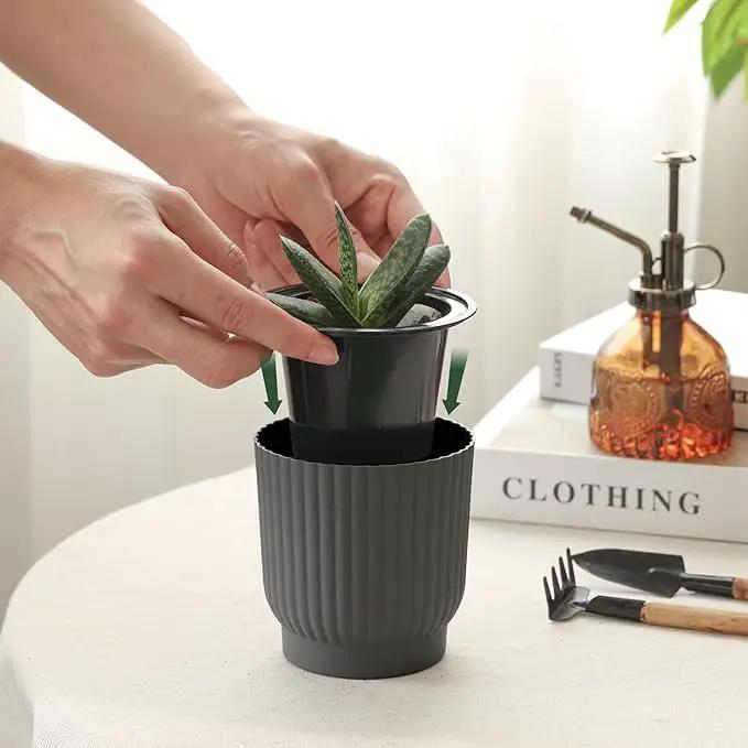 T4U African Violet Pots, 4 Inch Self Watering Pots for Indoor Plants, 6 Pack Small Planters, Durable Charcoal Gray Plastic Small Pots for Indoor Plants, Flower by GreenHaven Gardens
