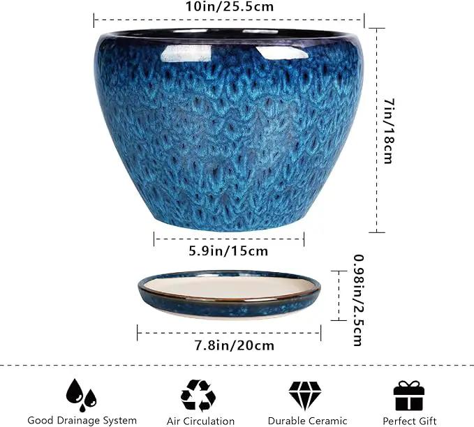 10 Inch Ceramic Planter Pot, Ceramic Plant Pot for Indoor Outdoor Plants, Large Flower Pot with Drainage Hole and Saucer, Blue by GreenHaven Gardens