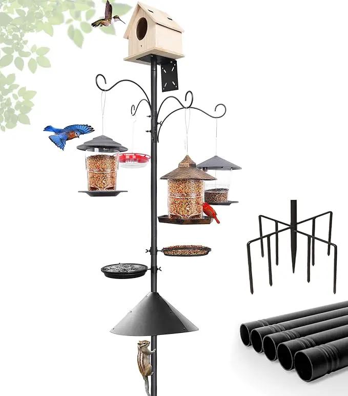 eWonLife 92 Inch Bird Feeder Pole with Squirrel Baffle & Upgraded 9-Prong Base, Adjustable Bird House Pole for Outdoors Heavy Duty, Bird Feeder Stand Post Station with 4 Shepherd Hooks, Birdbath, Tray by GreenHaven Gardens