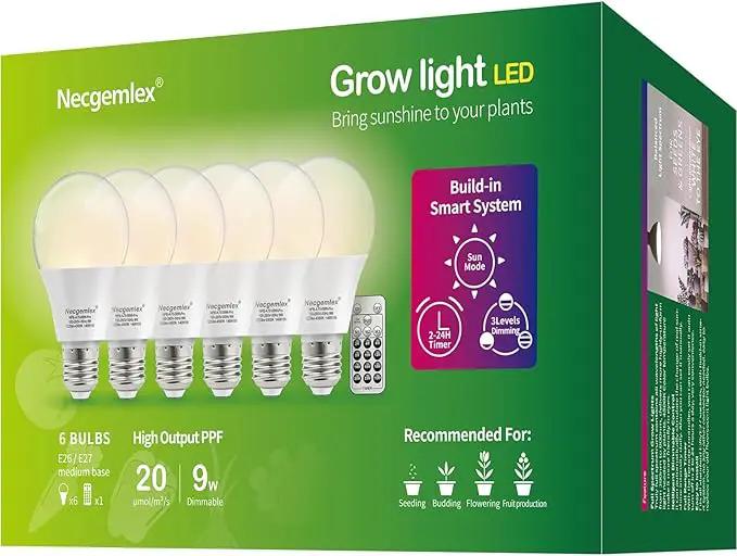 Smart LED Grow Light Bulbs with Remote Controller, Sun Simulation Mode, Built-in Auto Timer, A21/A70 E26/E27 9W Dimmable Full Spectrum Intelligent Plant Grow Bulbs for Indoor Plants, 6 Pack by GreenHaven Gardens