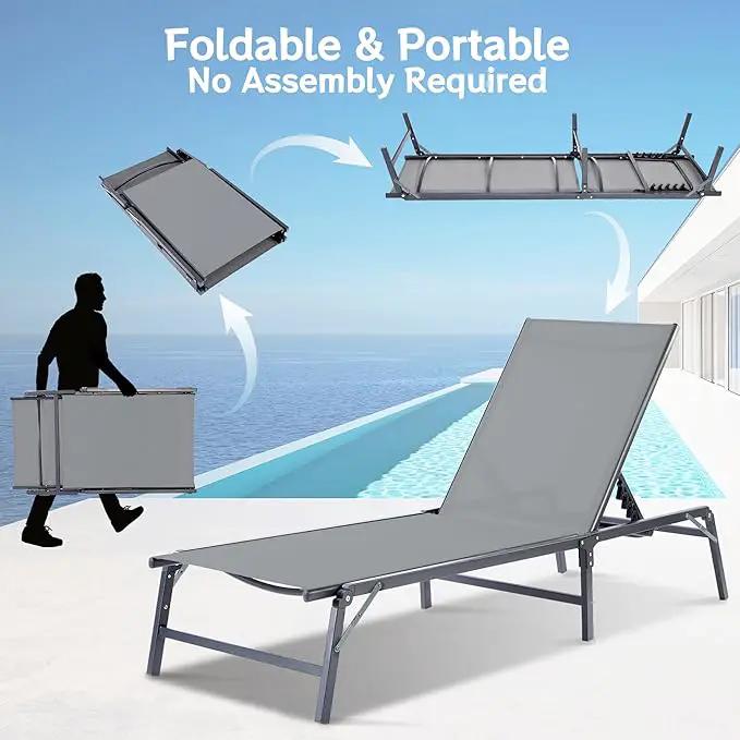 Outdoor Chaise Lounge Chair, Foldable & Assemble-Free, 6 Adjustable Positions, Durable Rust-Resistant Frame, Portable Outdoor Pool Lounge Chairs for Pool Patio Beach, Grey by GreenHaven Gardens