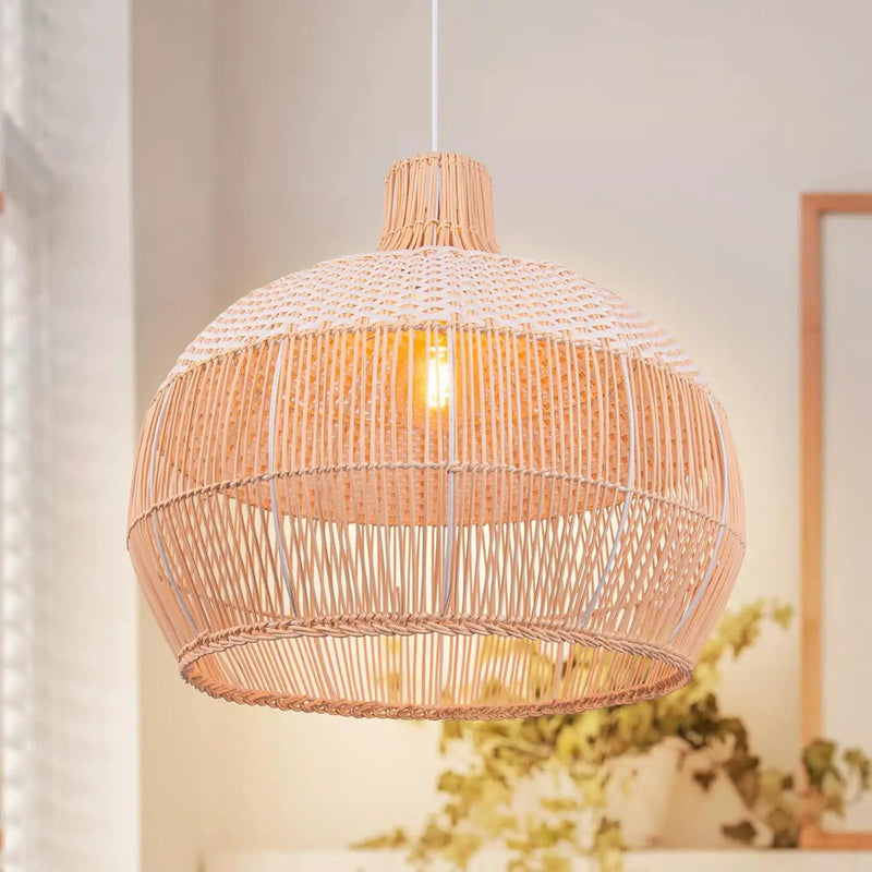Arturesthome White Handwoven Rattan Boho Pendant Lighting Fixtures, Wicker Hanging Ceiling Light Chandelier, Handmade Woven Basket Lampshade for Kitchen Island by GreenHaven Gardens