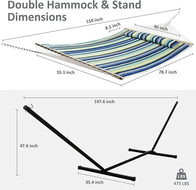 SUNCREAT Hammock with Stand 2 Person Heavy Duty, Freestanding Hammock with Spreader Bar, Soft Pillow, Green Stripes by GreenHaven Gardens