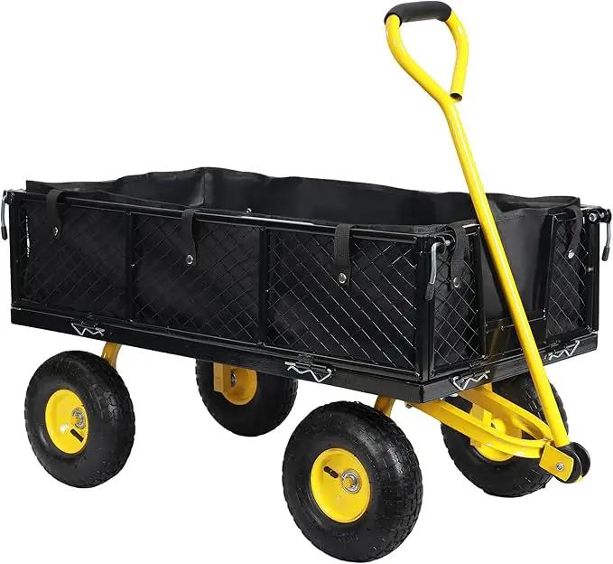 SUNNYFEEL 900 Lbs Capacity Heavy Duty Mesh Steel Garden Cart,Folding Utility Cart with Removable Side Nets, Non-Slip Rubber Base, Black & Yellow,Upgraded Version by GreenHaven Gardens