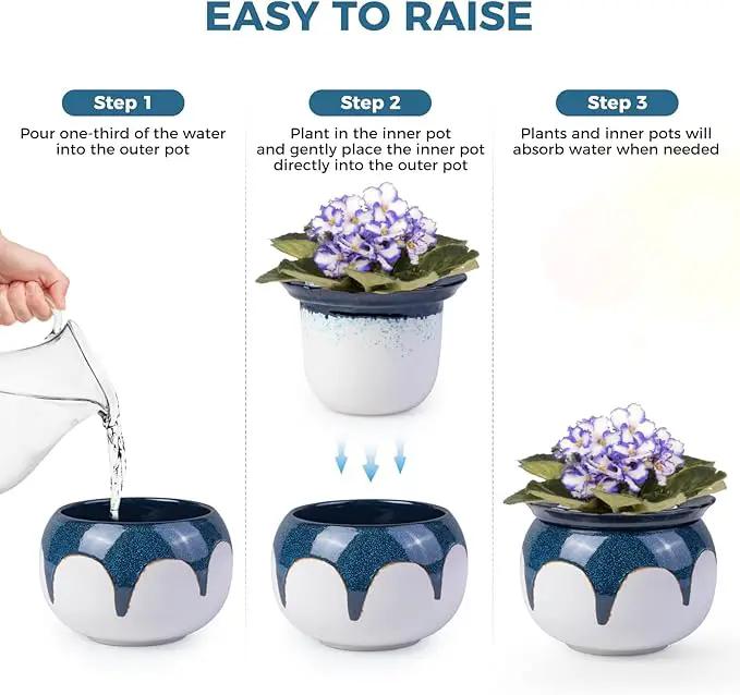 African Violet Pots, 6 inch Ceramic Easy Self Watering Plant Pot for Busy Plant Lovers, Automatically Absorb Appropriate Amount of Water, Flower Pot Indoor-Plants Not Included(Blue) by GreenHaven Gardens