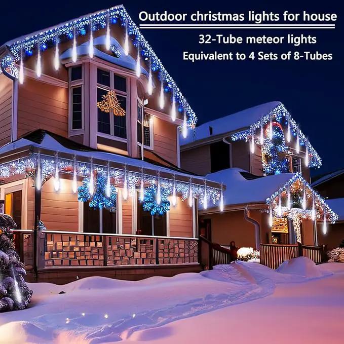 Christmas Decoration Outdoors- 32 Tubes (Equivalent to 4 Sets of 8-Tubes) Meteor Shower Rain Lights, White Falling Rain Lights for Christmas Decor Xmas Tree Halloween Yard Wedding Party, UL Plug by GreenHaven Gardens
