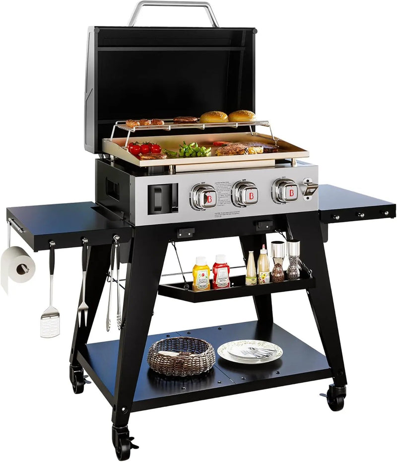 Brand-Man 3-Burner Portable Propane Gas Griddle with Lid - 28,000 BTU Flattop Griddle Grill, 504 Sq. In., Folding Side Tables, Rolling Cart for Outdoor BBQ, Camping, Patio by GreenHaven Gardens
