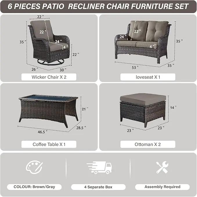 Wicker Outdoor Furniture Patio Furniture Set - 6 Piece Patio Conversation Set with Swivel Rocker Chairs, Loveseat Sofa, Ottomans and Coffee Table, Gray Cushion by GreenHaven Gardens