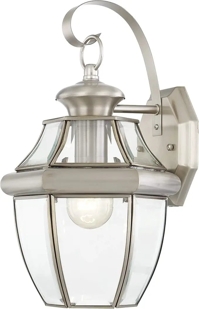 Livex Lighting 2151-91 Monterey 1 Light Outdoor Brushed Nickel Finish Solid Brass Wall Lantern with Clear Beveled Glass 13" x 8.5" x 8.25" by GreenHaven Gardens