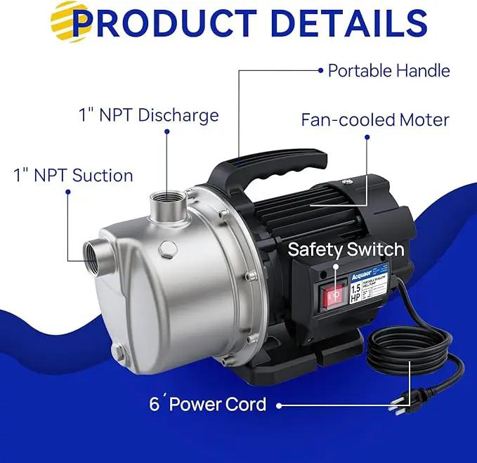 Acquaer 1.5 HP Portable Shallow Well Pump Garden Pump, Stainless Steel, 1210 GPH, 115V Sprinkler Water Transfer Draining Irrigation for Water Removal and Lawn Garden by GreenHaven Gardens