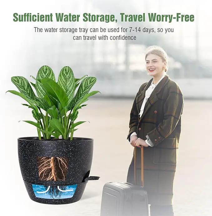 WOUSIWER 10 inch Self Watering Planters, 2 Pack Large Plastic Plant Pots with Deep Reservior and High Drainage Holes for Indoor Outdoor Plants and Flowers, Speckled Black by GreenHaven Gardens