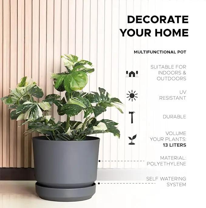 Elly Décor 14 inch Plastic Cylinder Planter Pot with Self-Watering Saucer and Drainage Hole,Lightweight & Extremely Durable, 14"x 14", Gray by GreenHaven Gardens