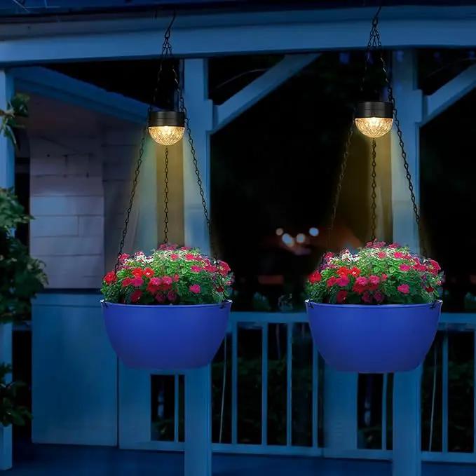 2 Packs Hanging Planters Basket for Outdoor Plants, Solar Powered Self Watering Blue Round Plastic Flower Pots with Drainer for Balcony Patio Garden Outdoor Decoration by GreenHaven Gardens