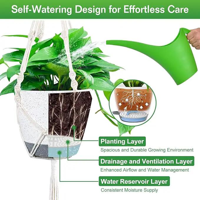 2 Pack Self Watering Hanging Planters Indoor Flower Pots, 6.5 Inch Hanging Pot Macrame Hanging Plant Holders with 2 Hooks Drainage Holes for Garden Home by GreenHaven Gardens