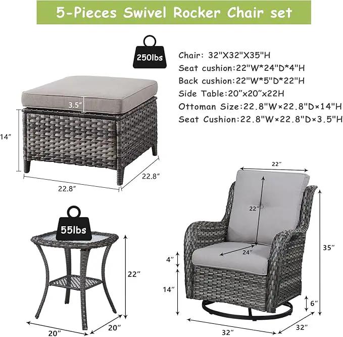 Outdoor Wicker Patio Furniture Set - 5 Pieces Rattan Patio Conversation Set with 2 Rocking Swivel Chairs,2 Ottomans and 1 Side Table for Porch Deck Backyard Garden(Mixed Grey/Grey) by GreenHaven Gardens