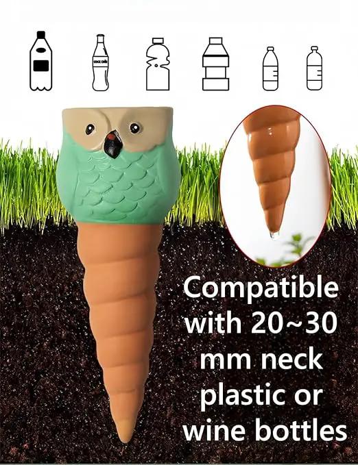 4 Pack Plant Watering Devices, Animal Shape Terracotta Watering Spikes, Vacation Self Watering Planter Insert, Automatic Plant Waterer for Indoor Outdoor Plants (Owl-Grey Eye) by GreenHaven Gardens