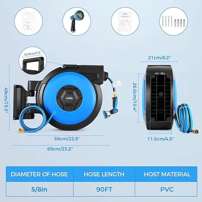 Retractable Garden Hose Reel, 5/8" x 90FT Automatic Retractable Water Hose Reel Wall Mount, with 10- Function Sprayer Nozzle, Any Length Lock/Auto Rewind/180°Swivel by GreenHaven Gardens