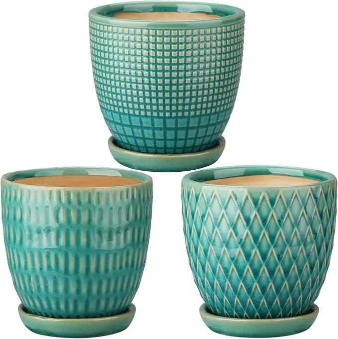 Oairse 4 inches Ceramic Planters Pots for Indoor Plants 3 Set of Small Round Flower Pots with Drainage Hole and Ceramic Tray Modern Planters Set for Succulents Cactus Garden Home Windowsill Table by GreenHaven Gardens
